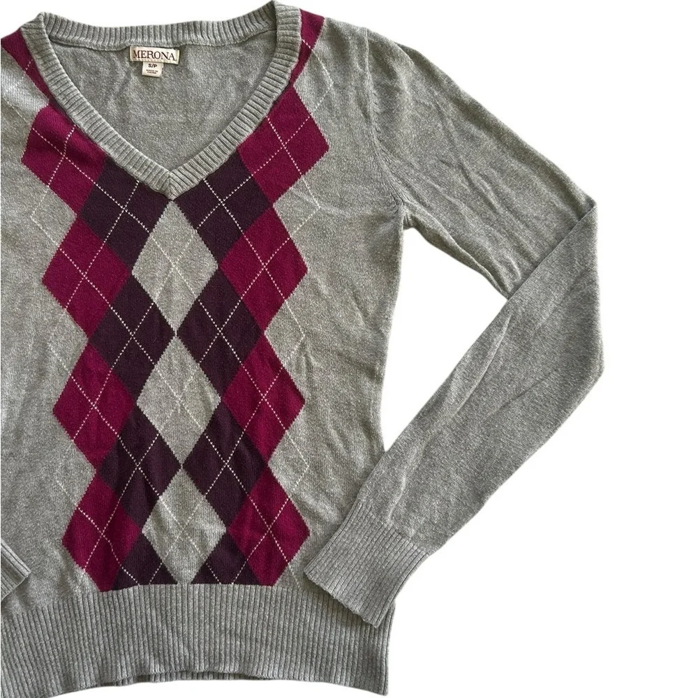 Argyle Plaid Burgundy Grey Preppy Cotton Long Sleeve Sweater Size Small